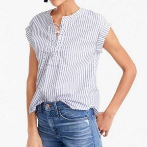 J Crew Womens Sz 6T Top Lace Up Popover Blue White Stripe Nautical 100% Cotton